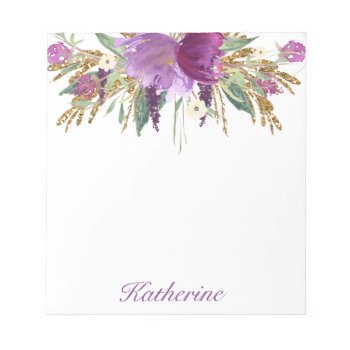 Purple And Gold Watercolor Flowers Notepad by NoteworthyPrintables at Zazzle
