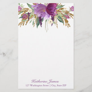 Purple and Gold Watercolor Flowers Personalized Stationery