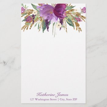Purple And Gold Watercolor Flowers Personalized Stationery by NoteworthyPrintables at Zazzle