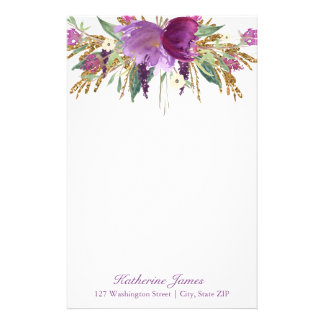 Purple and Gold Watercolor Flowers Personalized Stationery