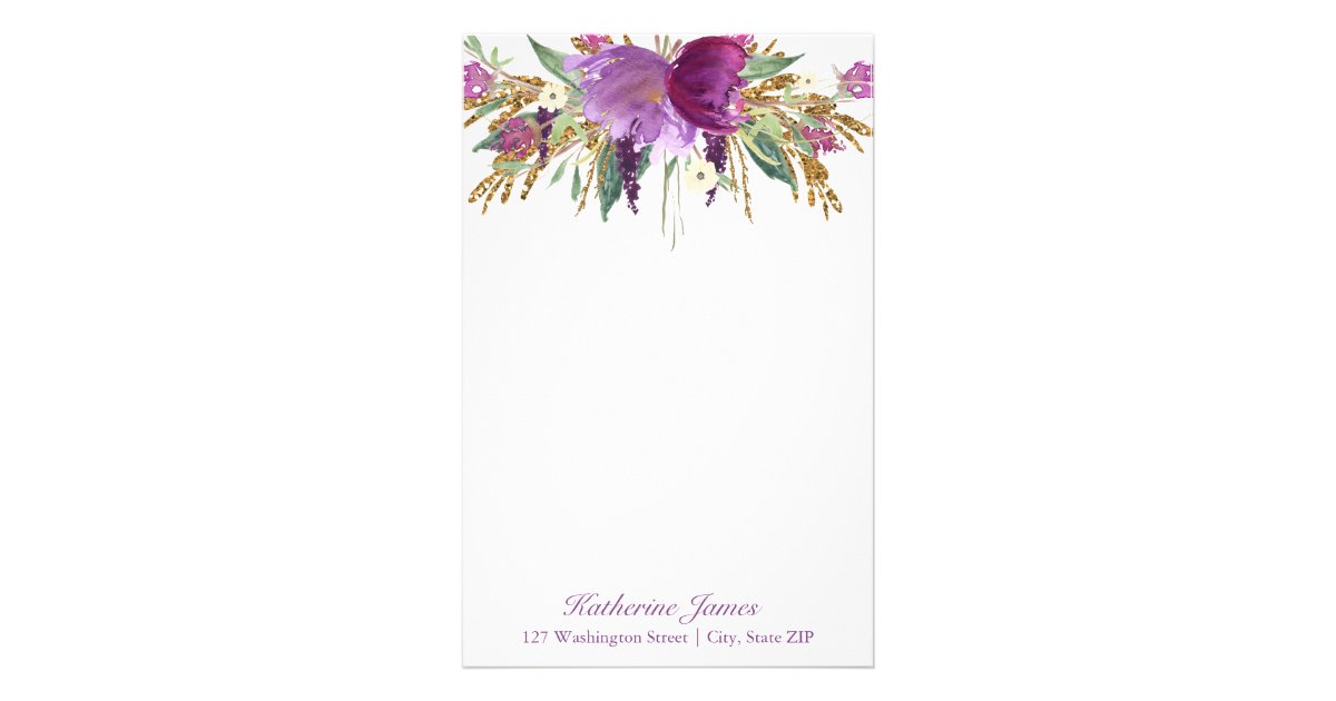 Personalized Street Signs >> Purple and Gold Watercolor Flowers Personalized Stationery ... Personalized Street Signs >> Purple and Gold Watercolor Flowers Personalized Stationery ...