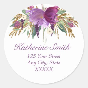 Purple And Gold Watercolor Flowers Return Address Classic Round Sticker by NoteworthyPrintables at Zazzle