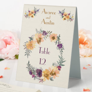 Purple and Gold Watercolor Flowers Table Tent