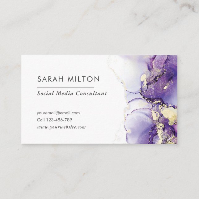 Purple and gold watercolor ink business card (Front)