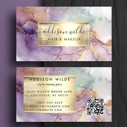 Custom Business Cards 8 Purple And Gold Watercolor Marble Business Card