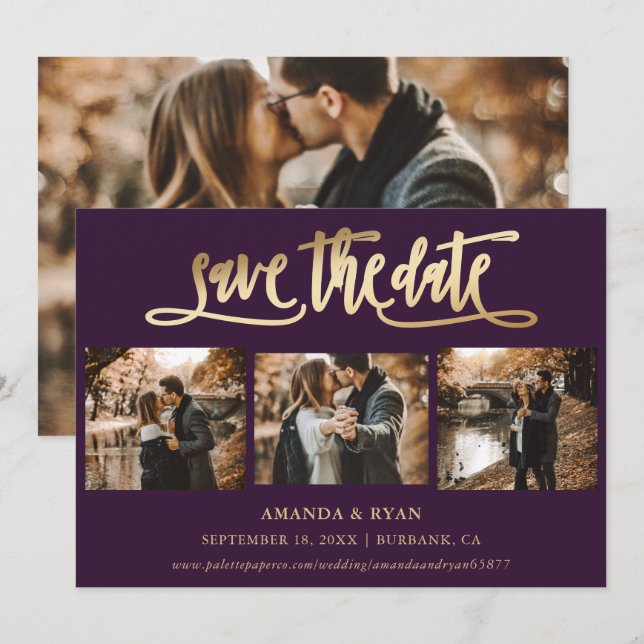 Purple and Gold Wedding 4 Photo Save The Date (Front/Back)
