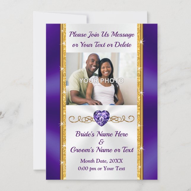 Purple and Gold, Wedding Invitations with Picture (Front)
