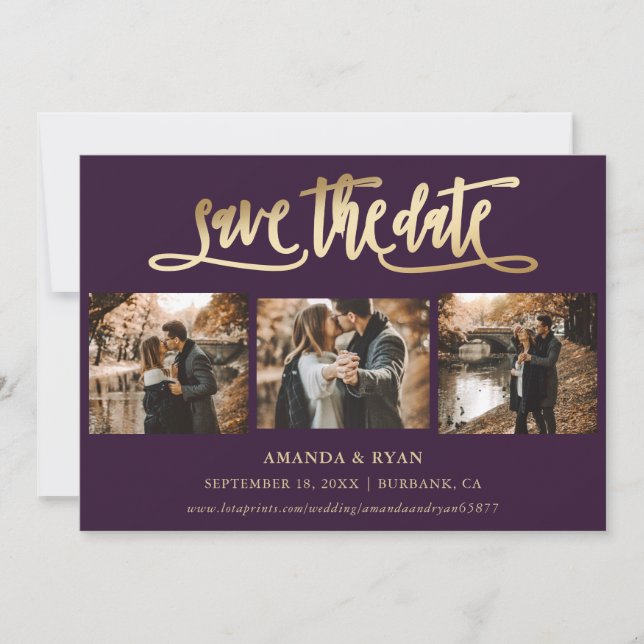 Purple and Gold Wedding Photo Save The Date (Front)