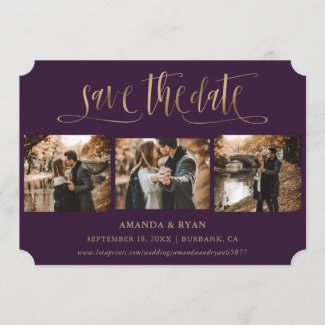 Purple and Gold Wedding Photo Save The Date