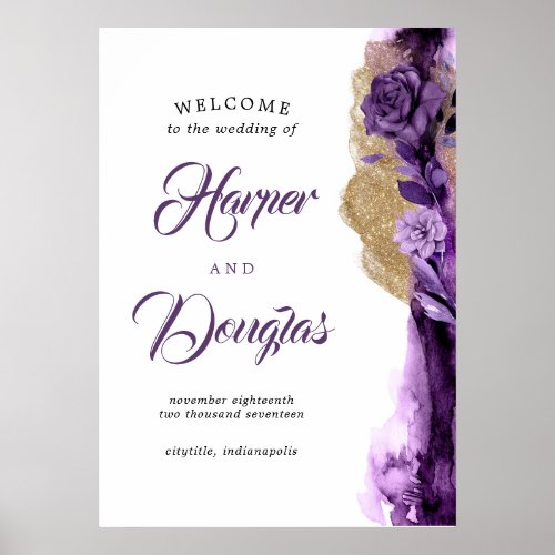Purple and Gold Wedding Welcome Sign