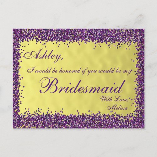Purple and Gold - Will You Be My Bridesmaid? Invitation Postcard