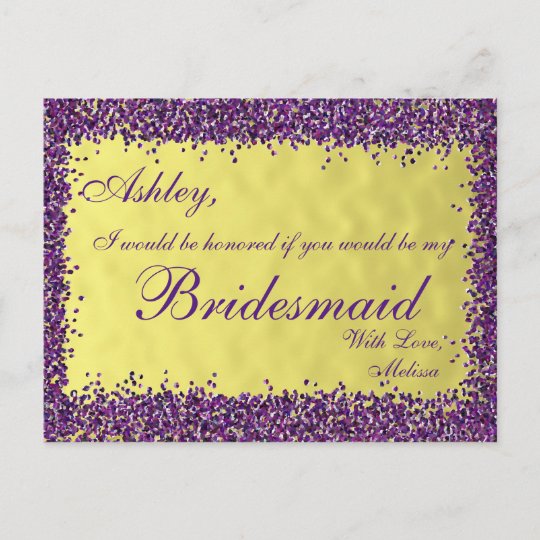 Purple and Gold - Will You Be My Bridesmaid? Invitation Postcard ...