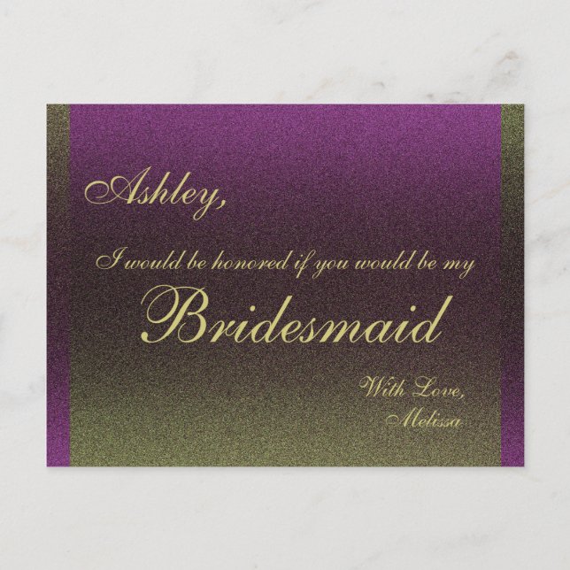 Purple and Gold - Will You Be My Bridesmaid? Invitation Postcard (Front)
