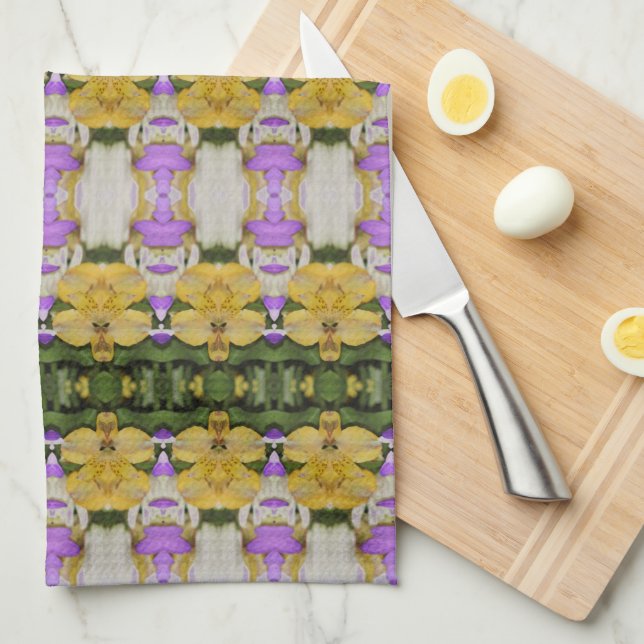 Purple and Golden Yellow Flowered Kitchen Towel (Quarter Fold)