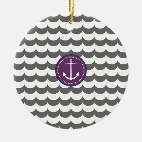 Purple and Gray Anchor with Waves Pattern Ceramic Ornament