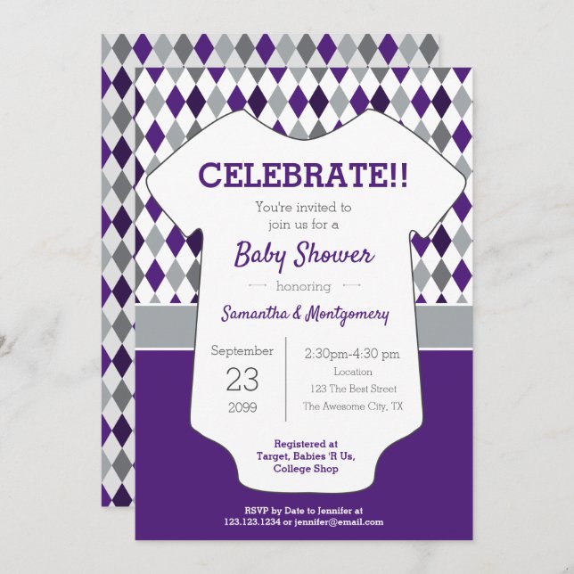 Purple and Gray Argyle Patterned Baby Shower Invitation (Front/Back)