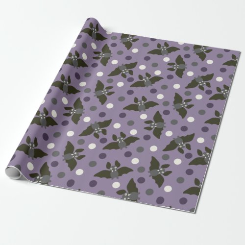Purple and Gray Cartoon Bats Polka Dots Halloween Wrapping Paper