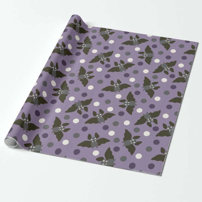 Purple and Gray Cartoon Bats Polka Dots Halloween Wrapping Paper (Unrolled)