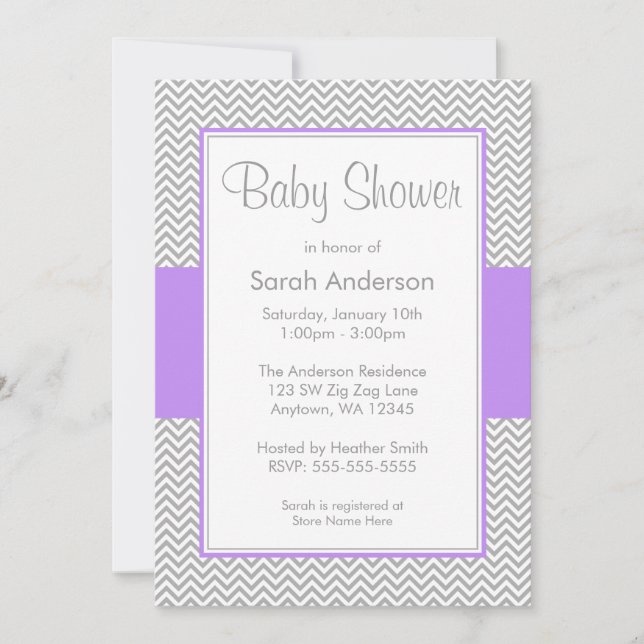 Purple and Gray Chevron Baby Shower Invitations (Front)
