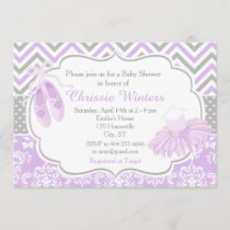 Purple and Gray Chevron Ballerina Baby Shower Invitation