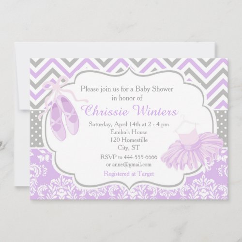 Purple and Gray Chevron Ballerina Baby Shower Invitation