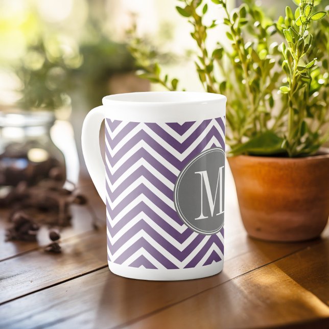 Purple and Gray Chevron Pattern with Monogram Bone China Mug (Personalized mug with photos and text, customize completely in the advanced design area)