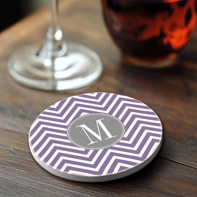 Purple and Gray Chevron Pattern with Monogram Coaster (Sandstone Coaster)