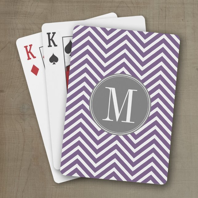 Purple and Gray Chevron Pattern with Monogram Poker Cards (Personalized playing cards with an area for text such as a name or monogram)