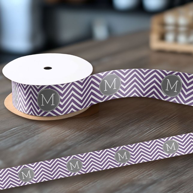Purple and Gray Chevron Pattern with Monogram Satin Ribbon (Custom Ribbon on a Roll - Personalize this ribbon with you text)