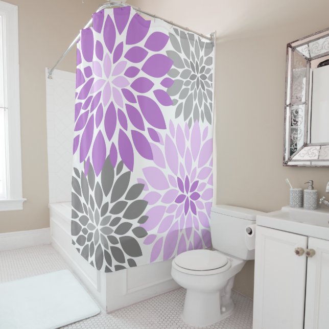 Purple and Gray Chrysanthemums Floral Pattern Shower Curtain (In Situ)