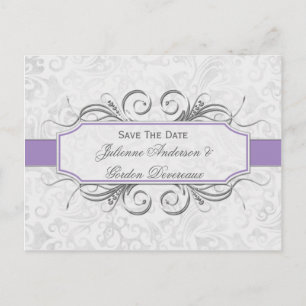 Purple and Gray Damask Save The Date Announcement Postcard