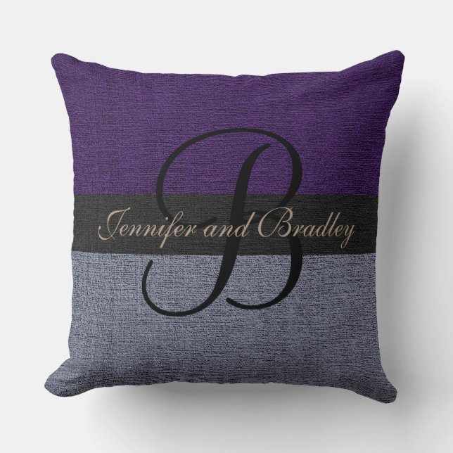 Purple and Gray Elegant Monogram Wedding Throw Pillow (Front)