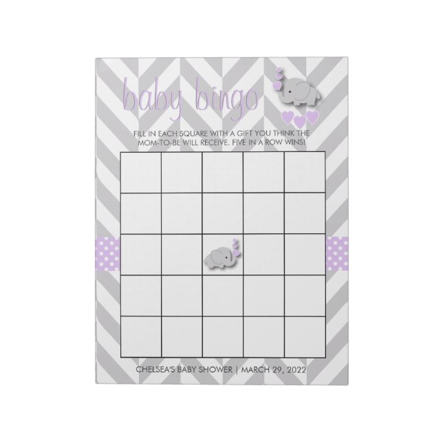 Purple and Gray Elephant Baby Shower Bingo Game Notepad (Rotated)