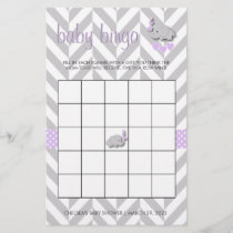 Purple and Gray Elephant Baby Shower Bingo Stationery