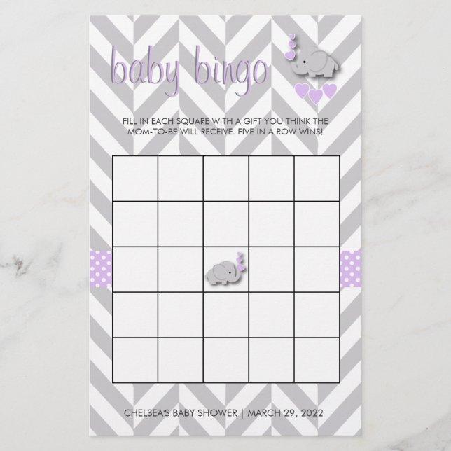 Purple and Gray Elephant Baby Shower Bingo Stationery (Front)