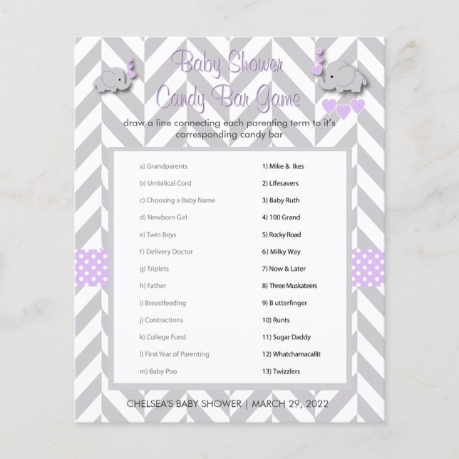 Purple and Gray Elephant Baby Shower Game Flyer (Front)