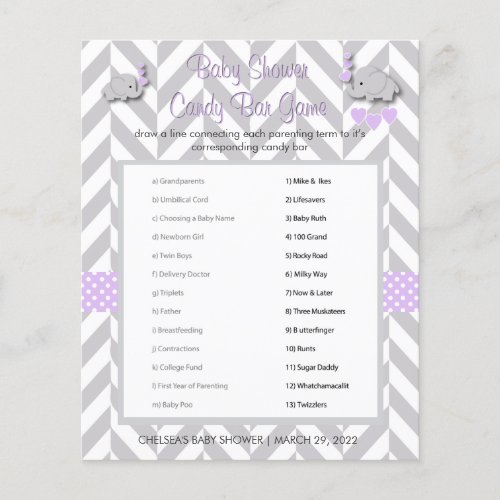 Purple and Gray Elephant Baby Shower Game Flyer