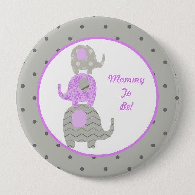 Purple and Gray Elephant Personalized Mommy to Be Pinback Button (Front)