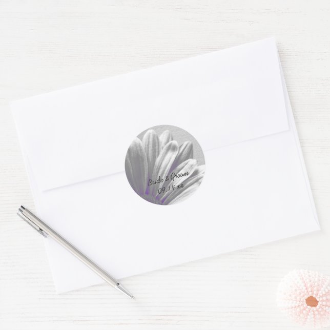 Purple and Gray Floral Highlights Wedding Classic Round Sticker (Envelope)