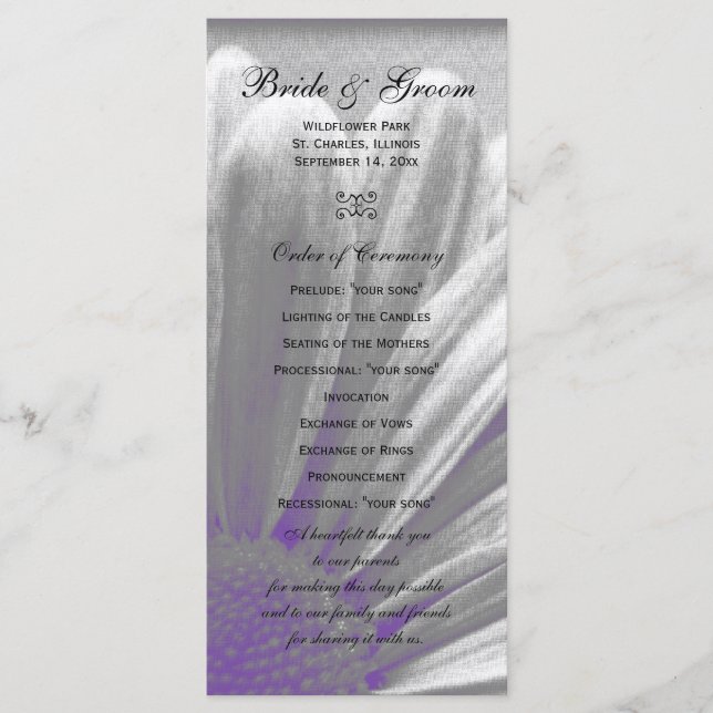 Purple and Gray Floral Highlights Wedding Program (Front)