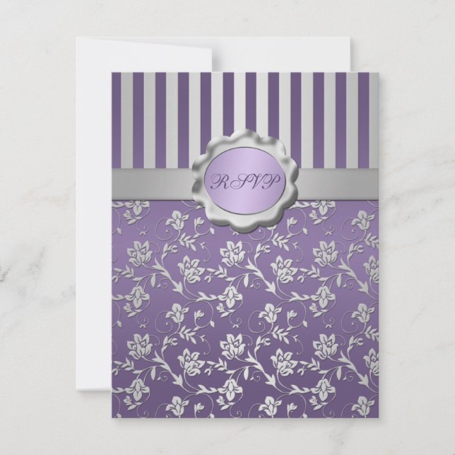 Purple and Gray Floral Striped RSVP Card (Front)