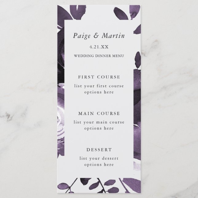 Purple and Gray Floral Wedding Menu Card (Front)