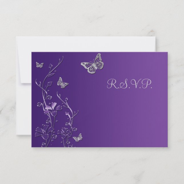 Purple and Gray Floral with Butterflies Reply Card (Front)