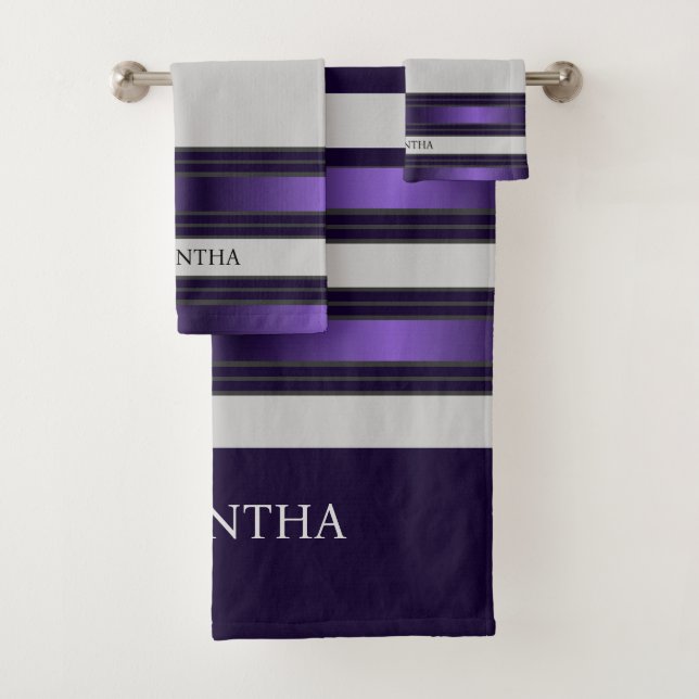 Purple And Gray Geometric Stripes Name Bath Towel Set (Insitu)