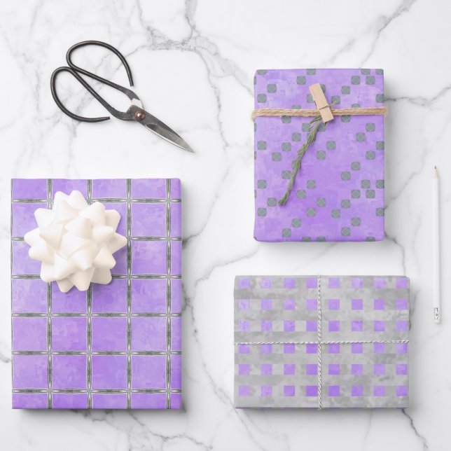 Purple and Gray Geometric Wrapping Paper Sheets (Front)