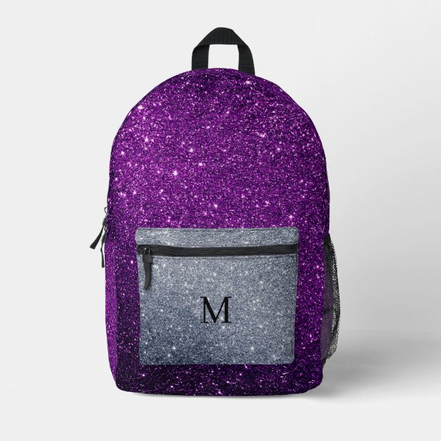 Purple And Gray Glitter Printed Backpack (Front)