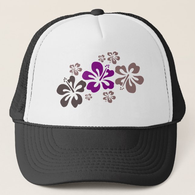 Purple and Gray Hibiscus Hawaii Souvenir Trucker Hat (Front)