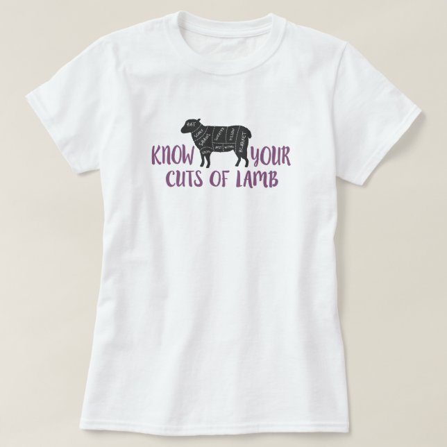 Purple and Gray Know Your Cuts of Lamb T-Shirt (Design Front)