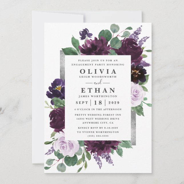 Purple and Gray Silver Watercolor Engagement Party Invitation (Front)
