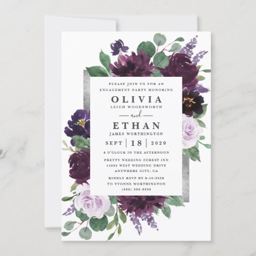Purple and Gray Silver Watercolor Engagement Party Invitation
